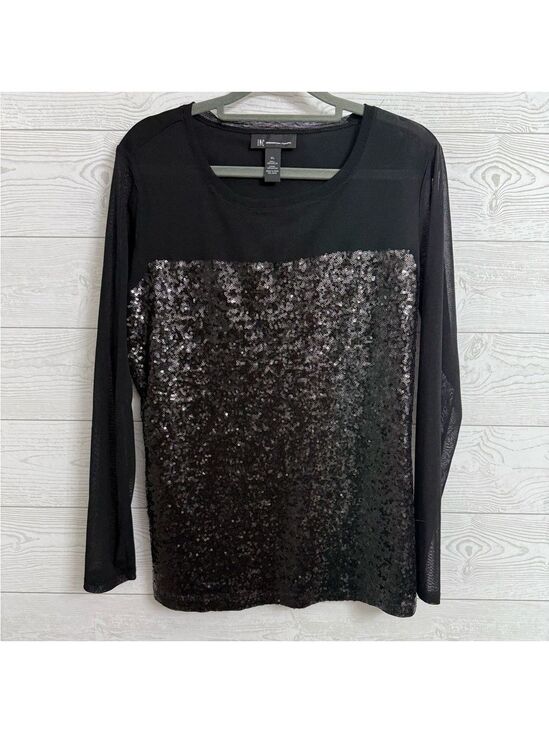 INC International Concepts Tops - INC Int’l Concepts Women’s Black Shear Sequin Long Sleeve Top. Size XL